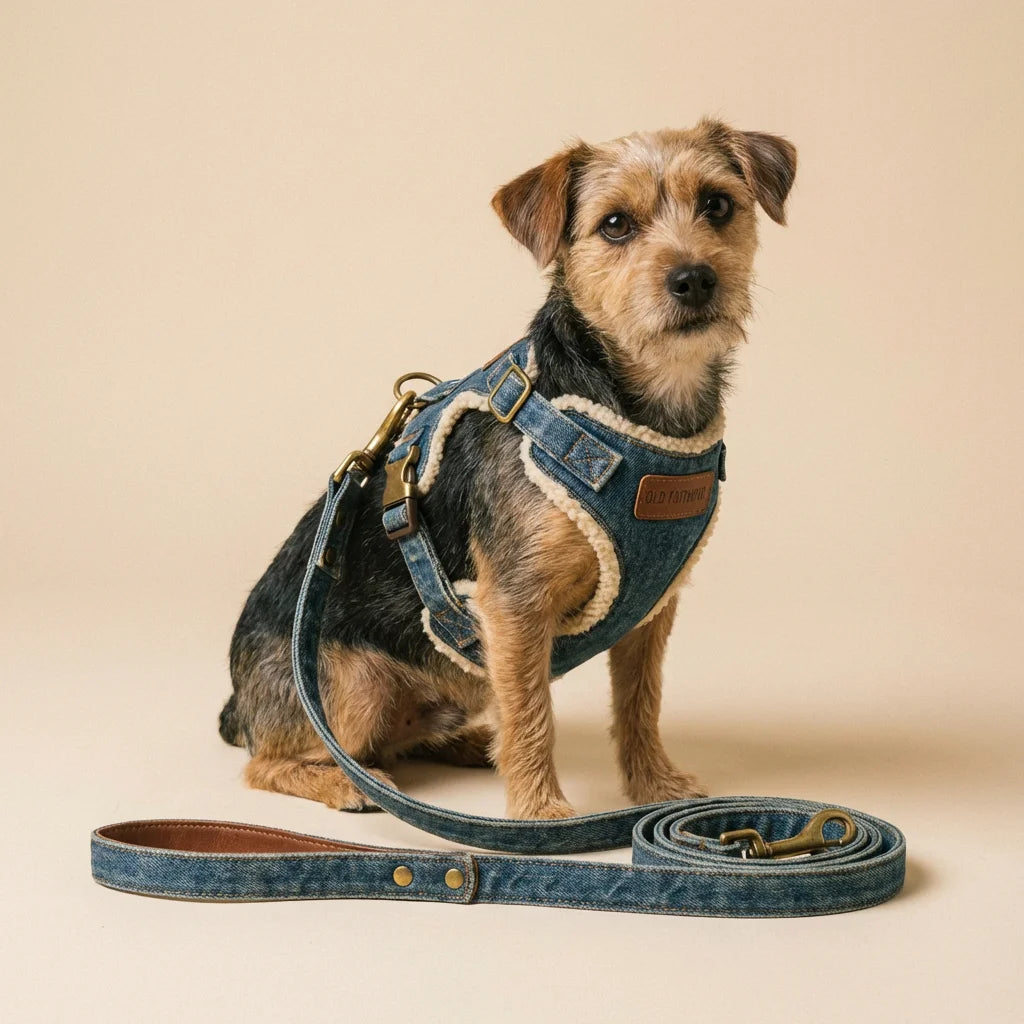 Vintage denim dog harness leash set
